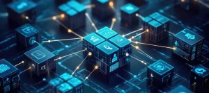A digital illustration of interconnected cubes with glowing blue icons representing technology, Data Connectors, and communication, symbolizing a network or blockchain system on a dark background.